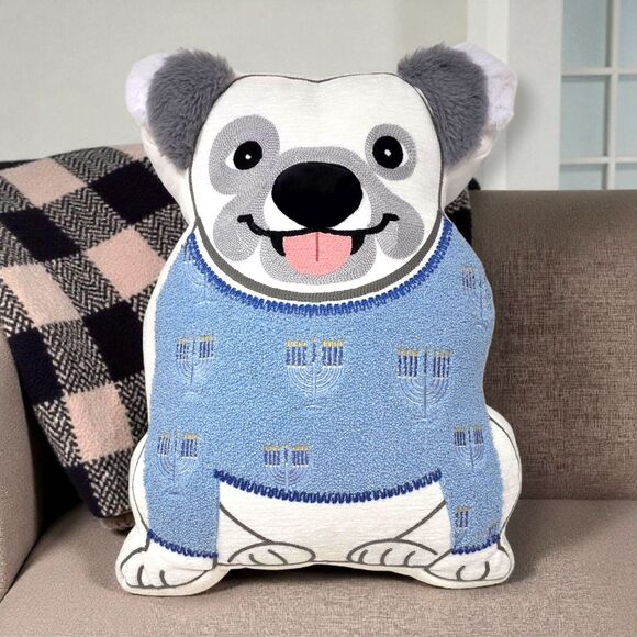 Envogue Bulldog Blue Menorah Hanukkah Sweater Plush Pillow - Picture 1 of 11